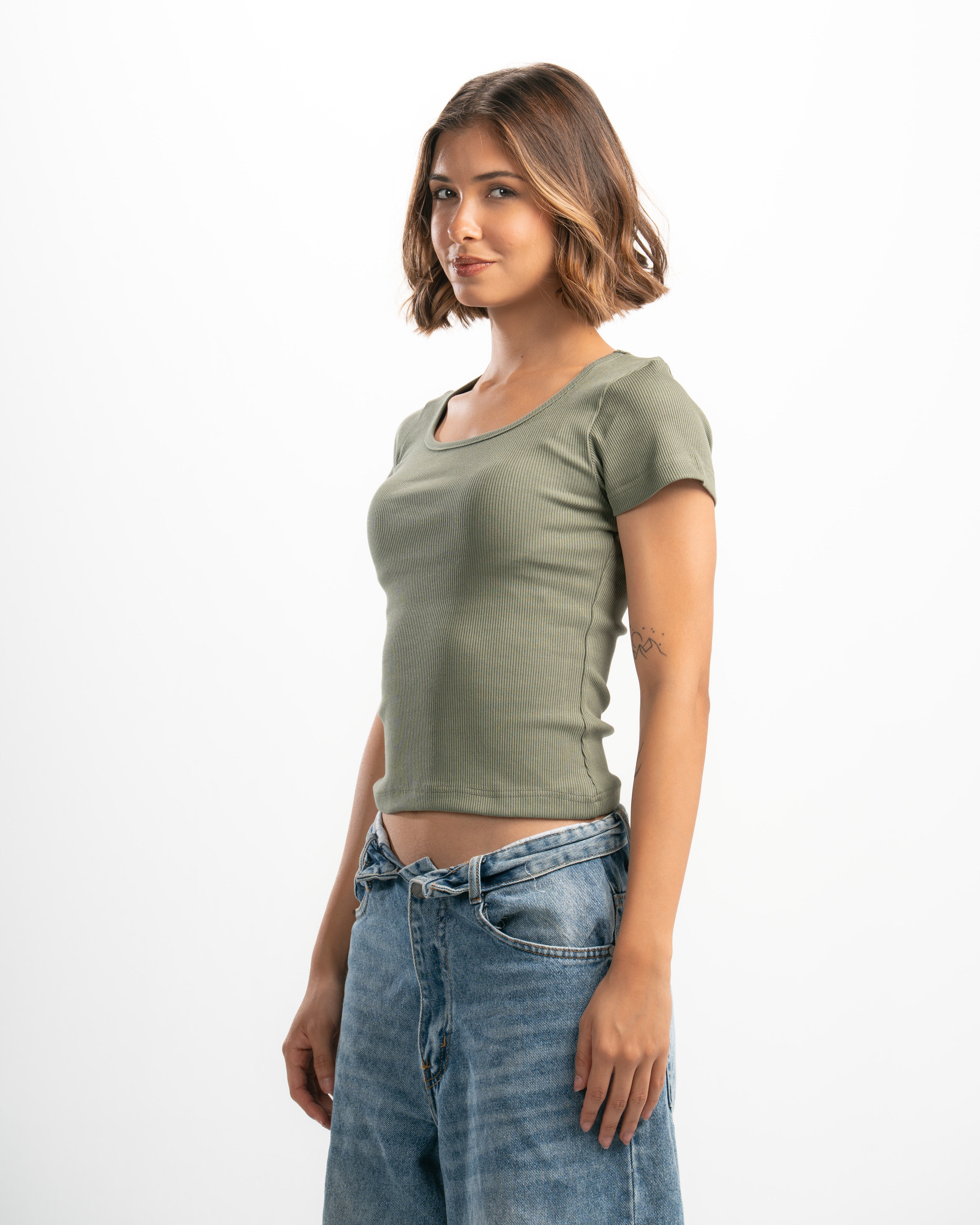 Ribbed Wide Neck Short Sleeve Top