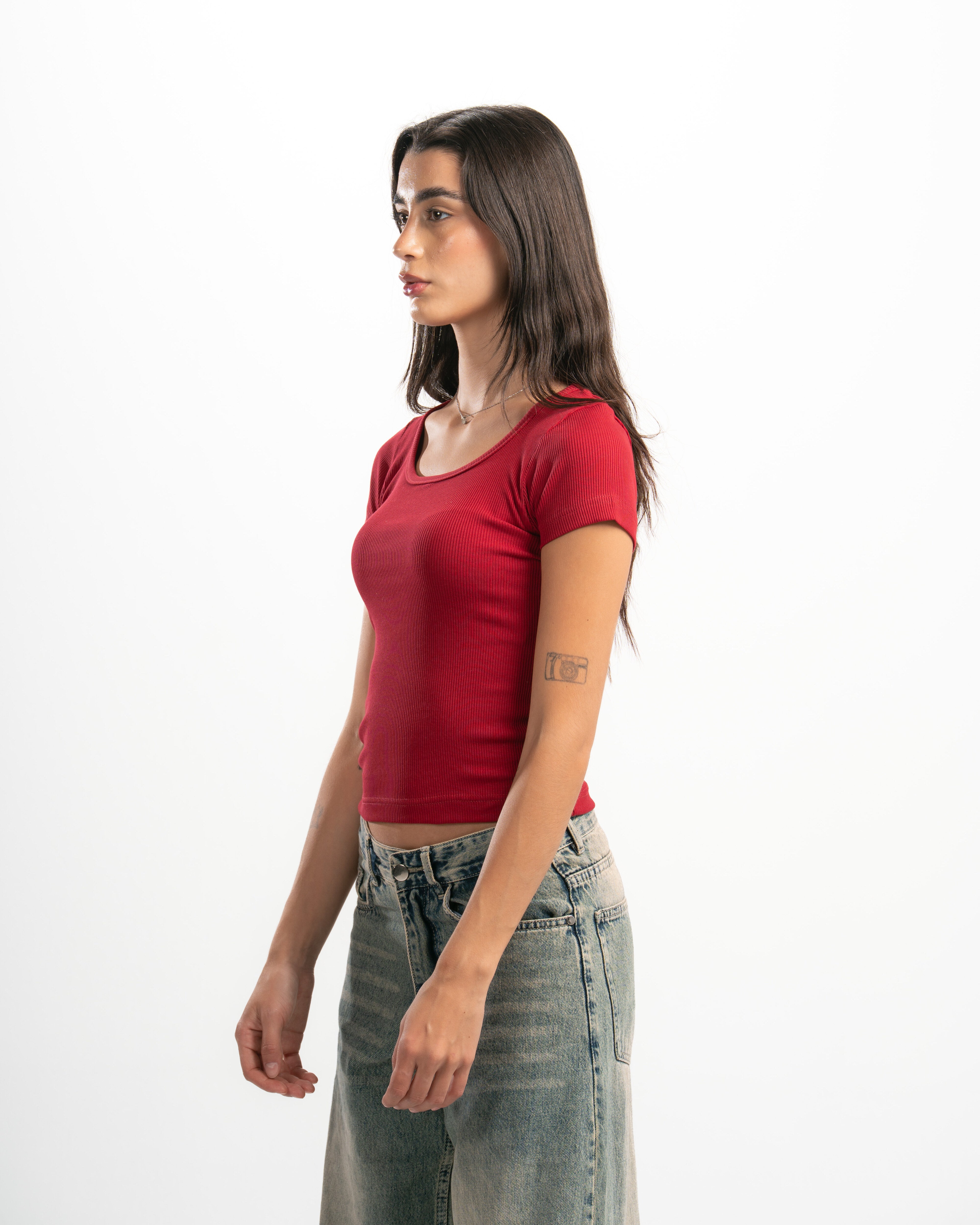 Ribbed Wide Neck Short Sleeve Top