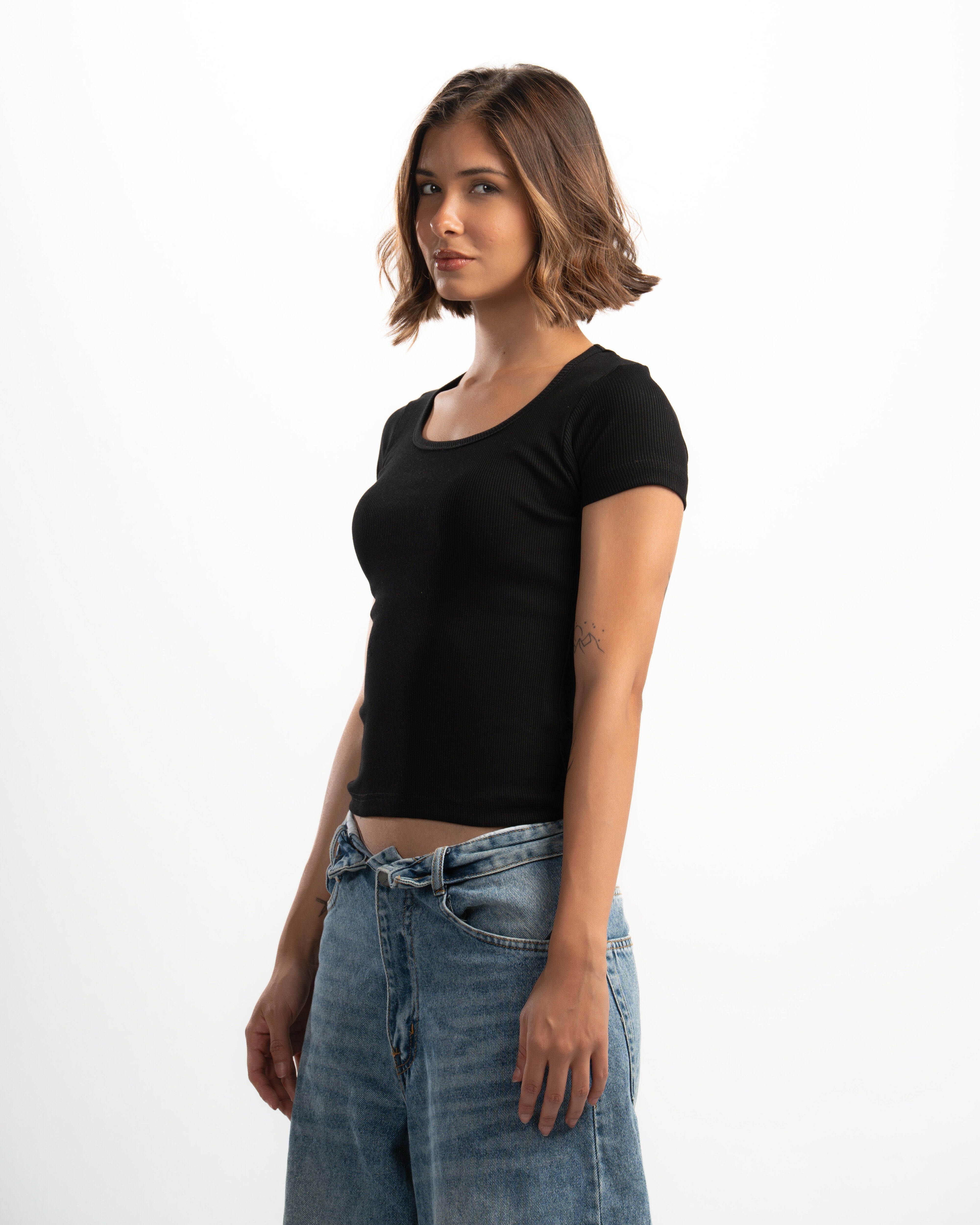 Ribbed Wide Neck Short Sleeve Top