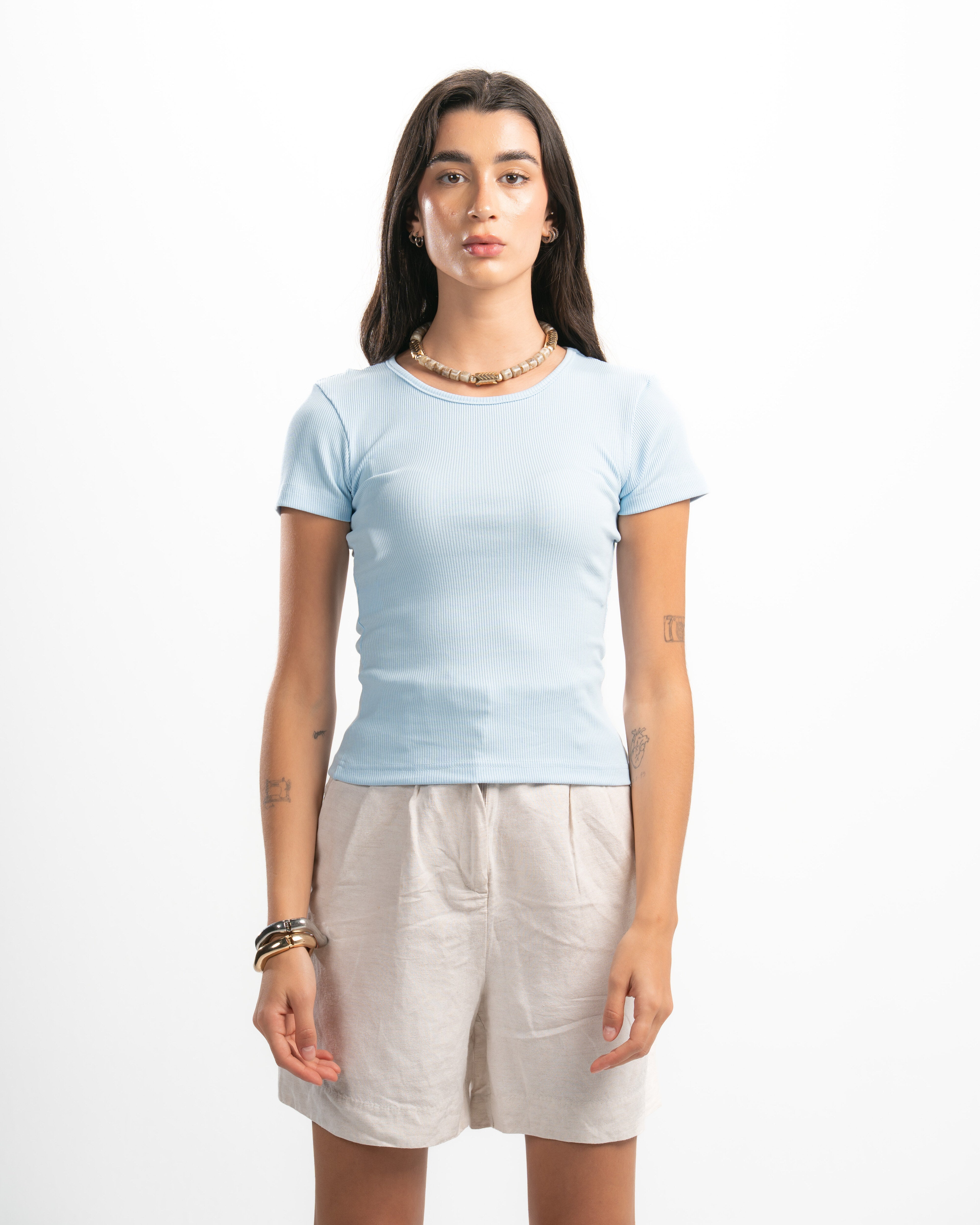 Ribbed Round Neck Short Sleeve Top
