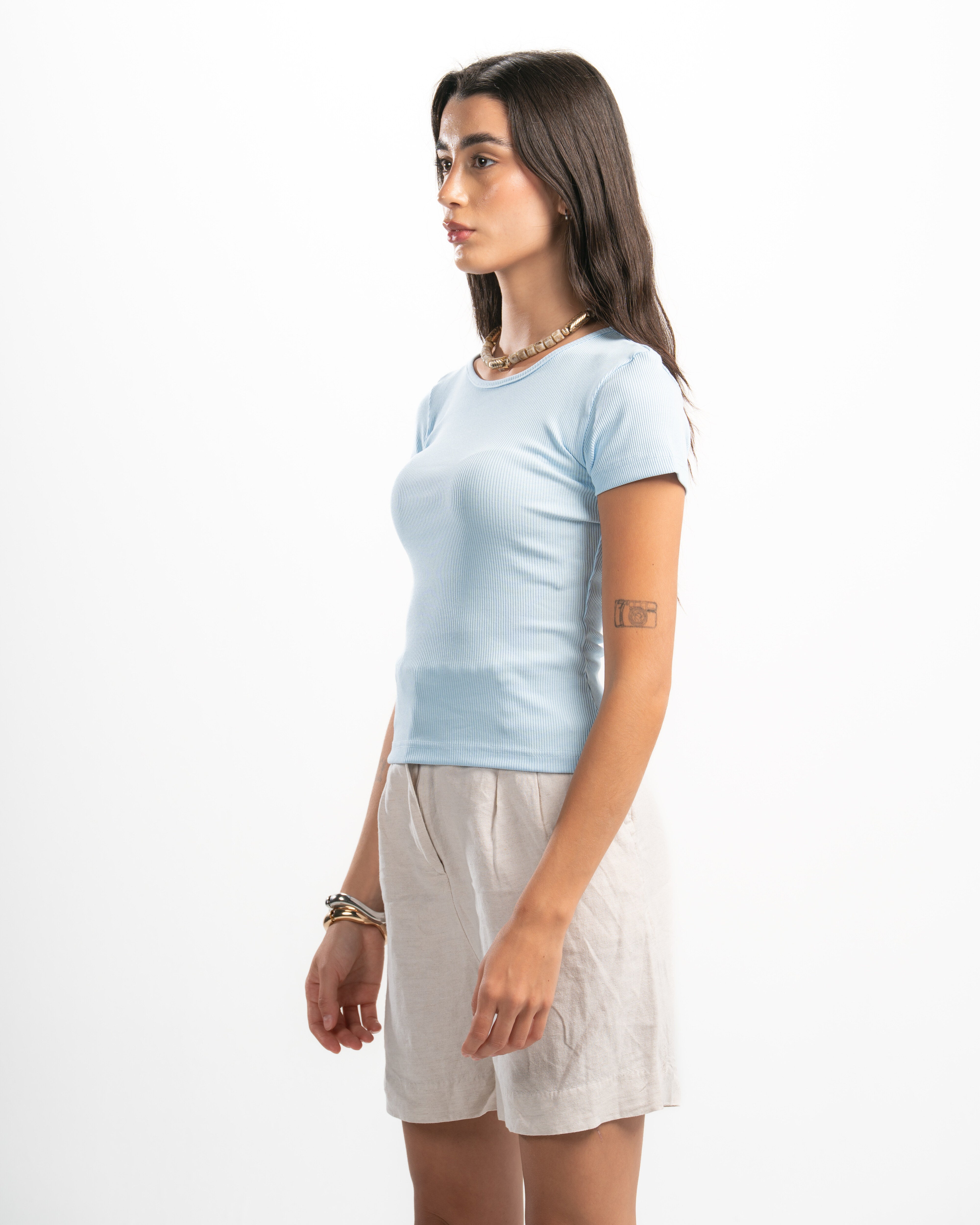 Ribbed Round Neck Short Sleeve Top