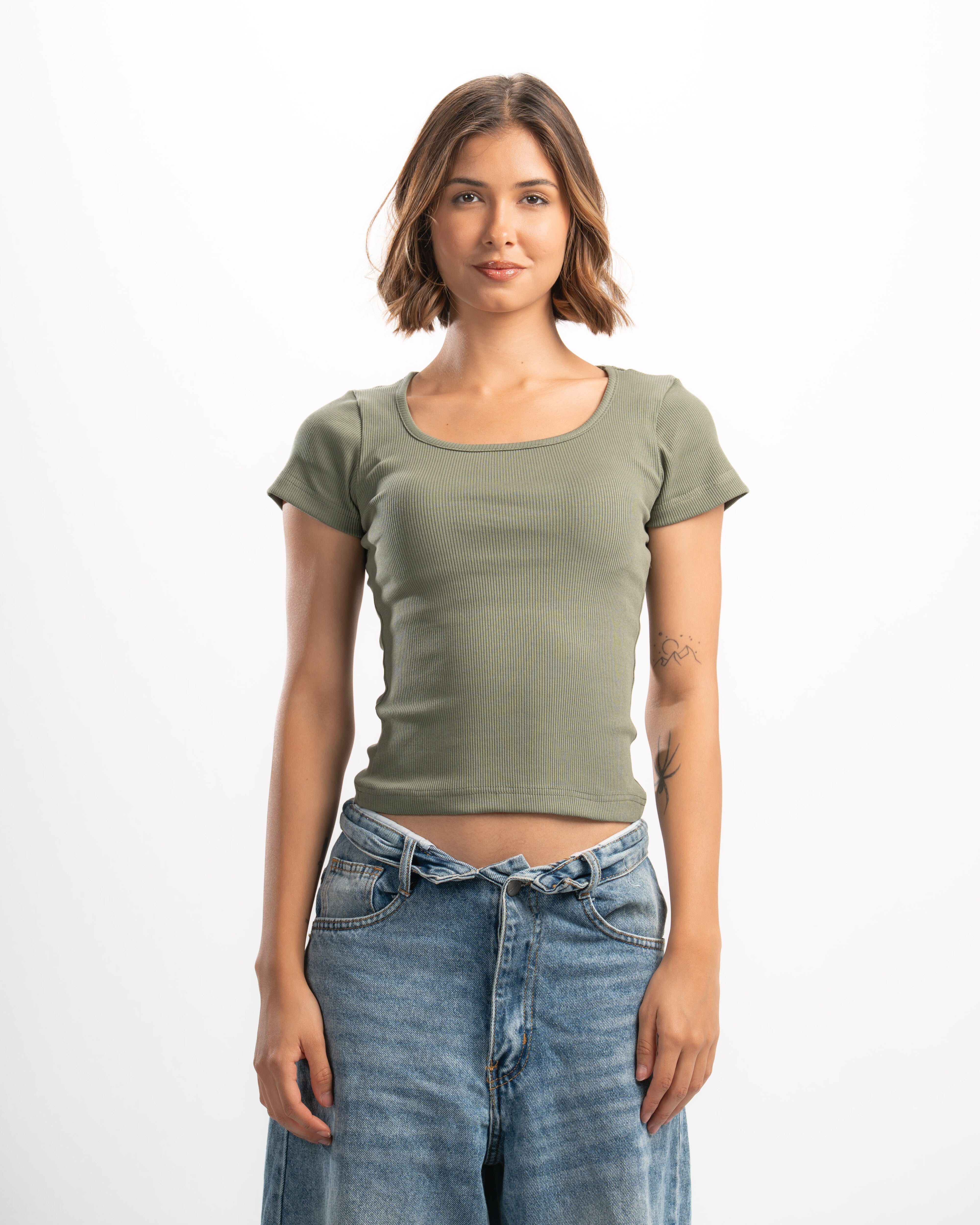 Ribbed Wide Neck Short Sleeve Top