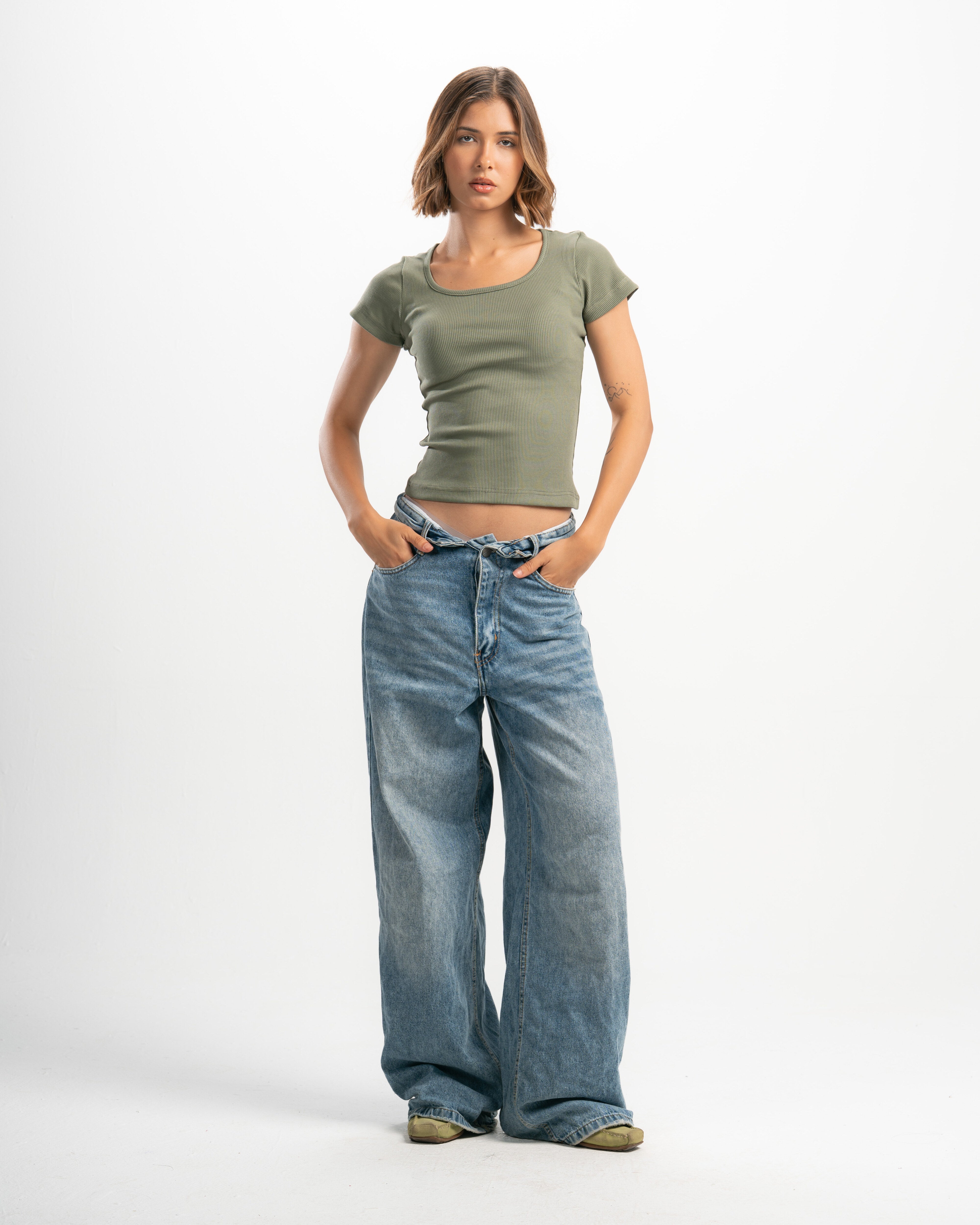 Ribbed Wide Neck Short Sleeve Top