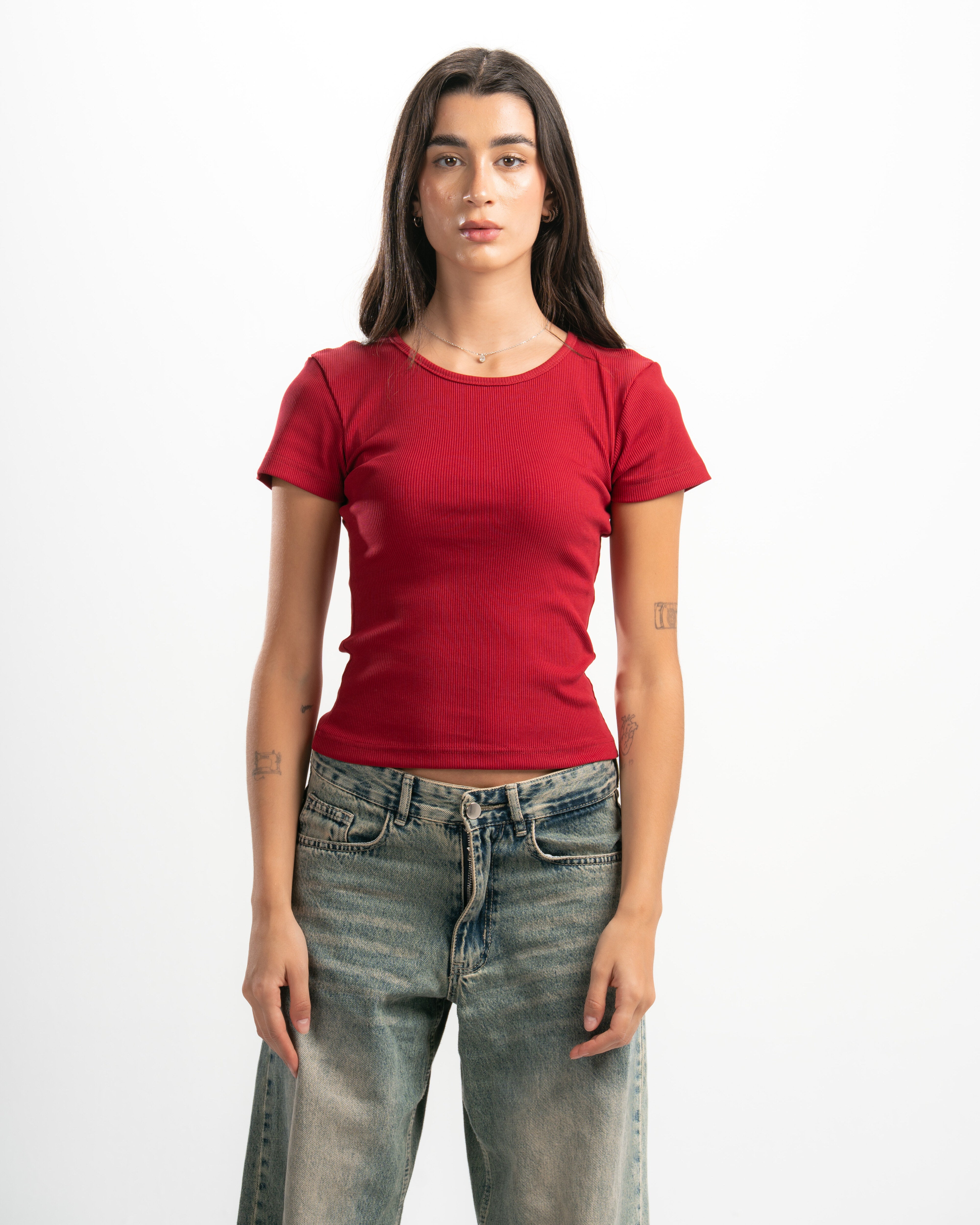 Ribbed Round Neck Short Sleeve Top