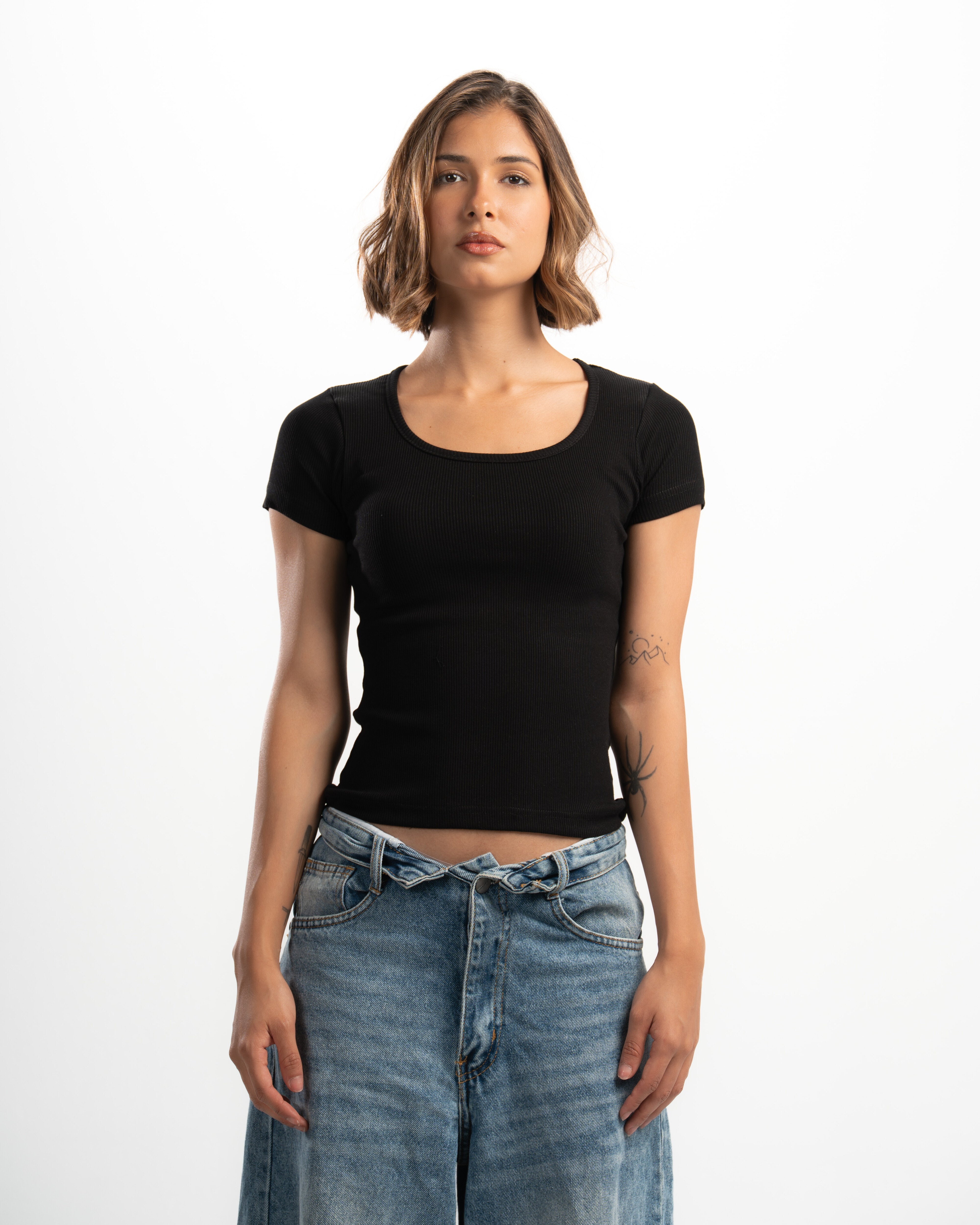 Ribbed Wide Neck Short Sleeve Top