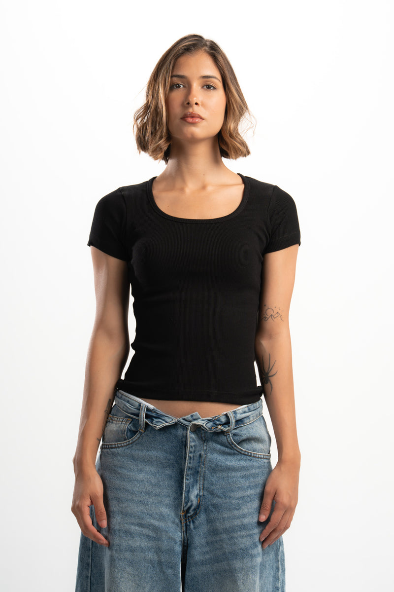 Ribbed Wide Neck Short Sleeve Top