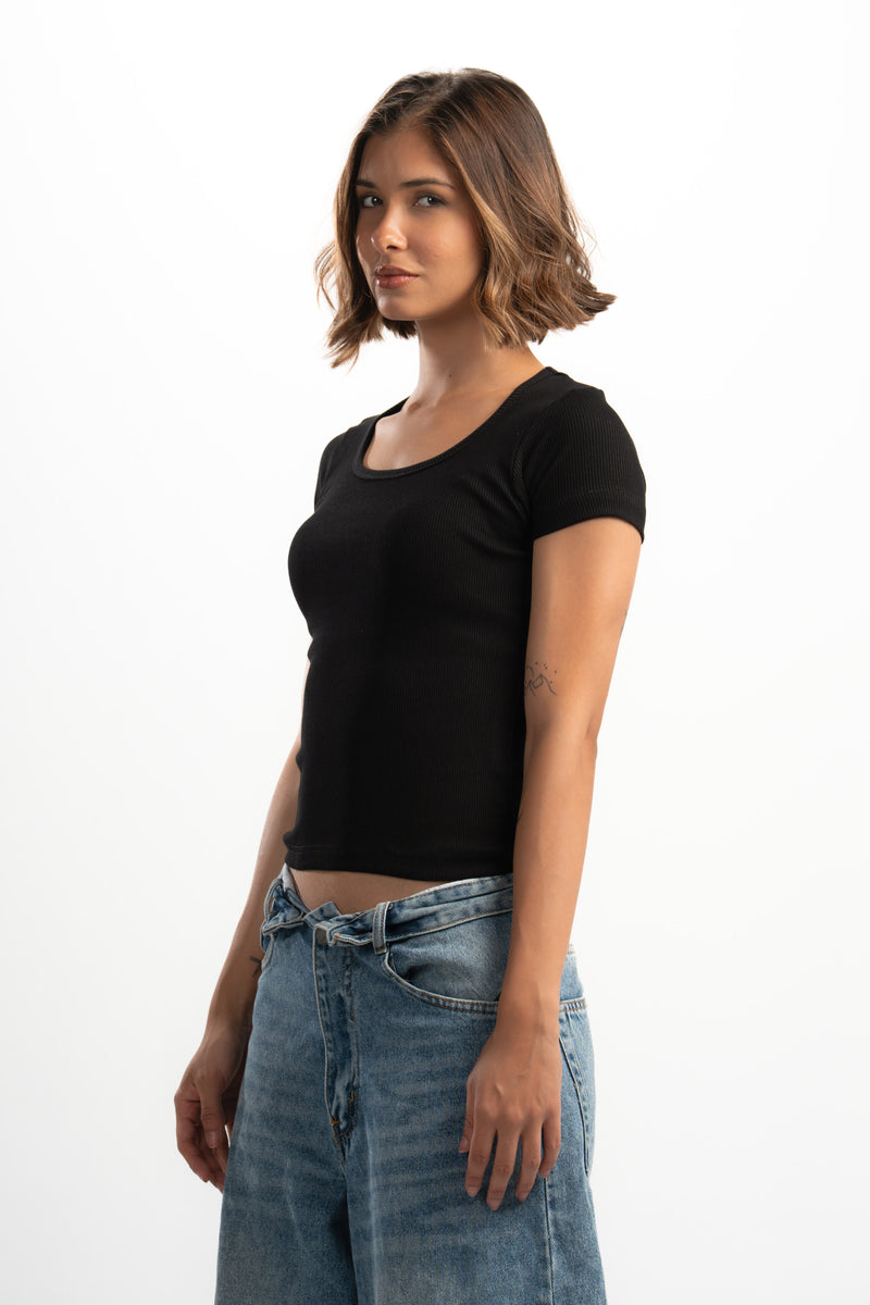Ribbed Wide Neck Short Sleeve Top