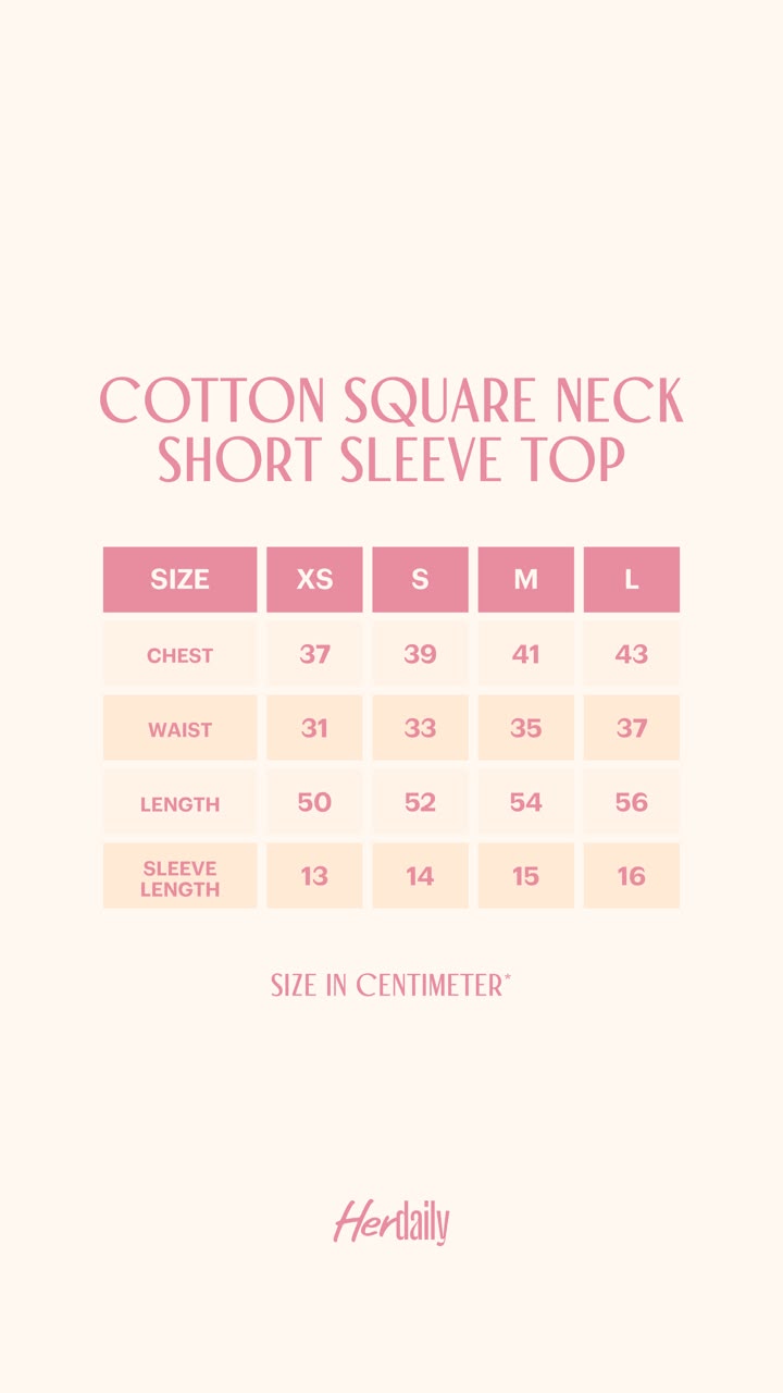 Size Guide - Cotton Square Neck Short Sleeve Top - enlarged view